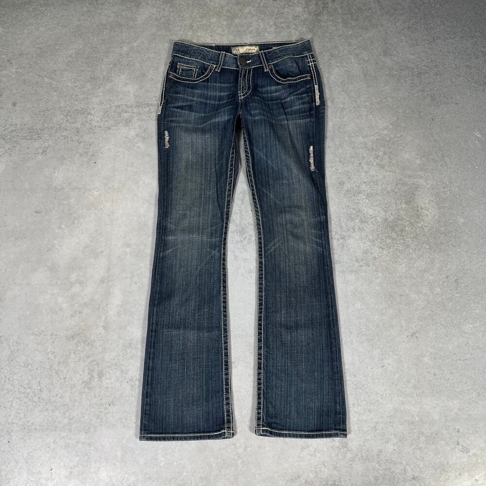 BKE Denim Culture Boot Jeans Distressed Contrast Stitch Dark Blue- Size: 29x33.5